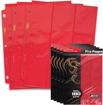 Bcw Double-Sided 9-Pocket Pages Holder - 10 Red Pages | Trading Card Binder Sheets | Secure Side Loading | Ideal Card Storage An