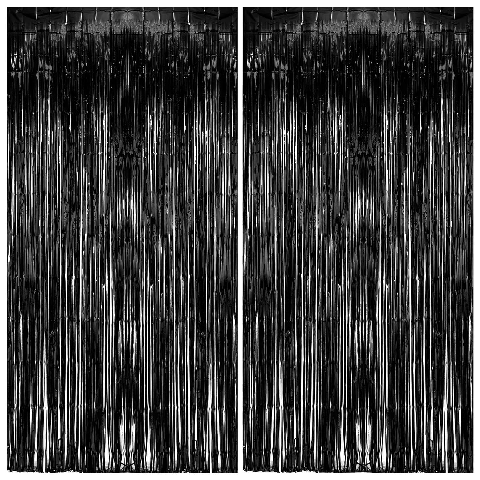 2 Pack Foil Curtain Backdrop Black Metallic Tinsel Foil Fringe Curtains Photo Booth Props for Birthday Wedding Engagement Baby S