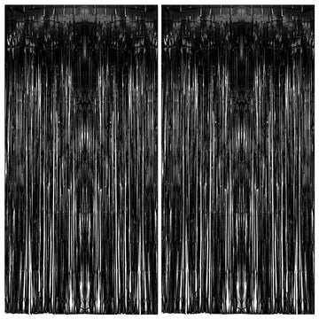 2 Pack Foil Curtain Backdrop Black Metallic Tinsel Foil Fringe Curtains Photo Booth Props for Birthday Wedding Engagement Baby S