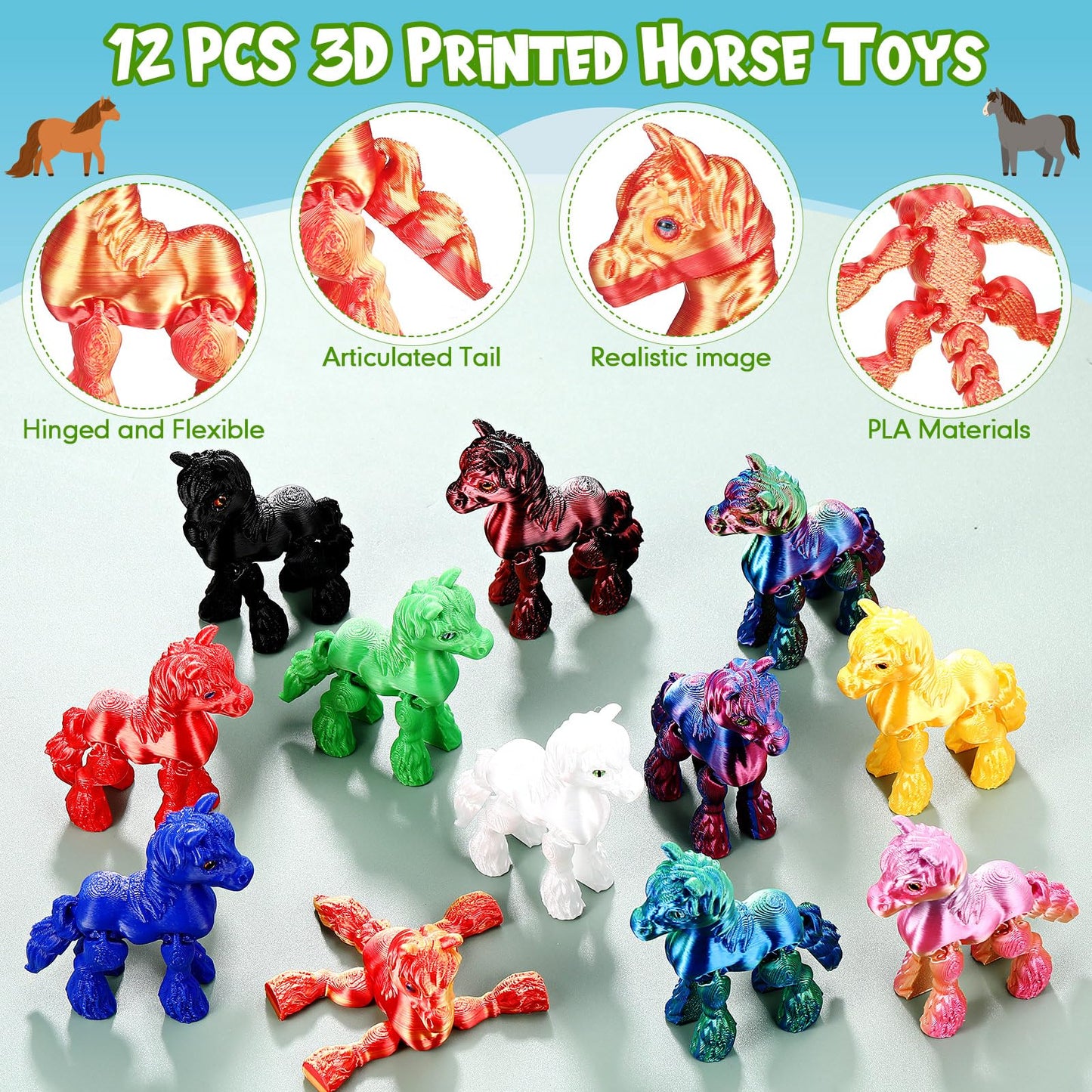 Honoson 12 Pcs 3D Printed Fidget Toy 3D Printed Horse Small Animal Toy Flexible Cute Articulating Pet Stress Relief Fidget Toys