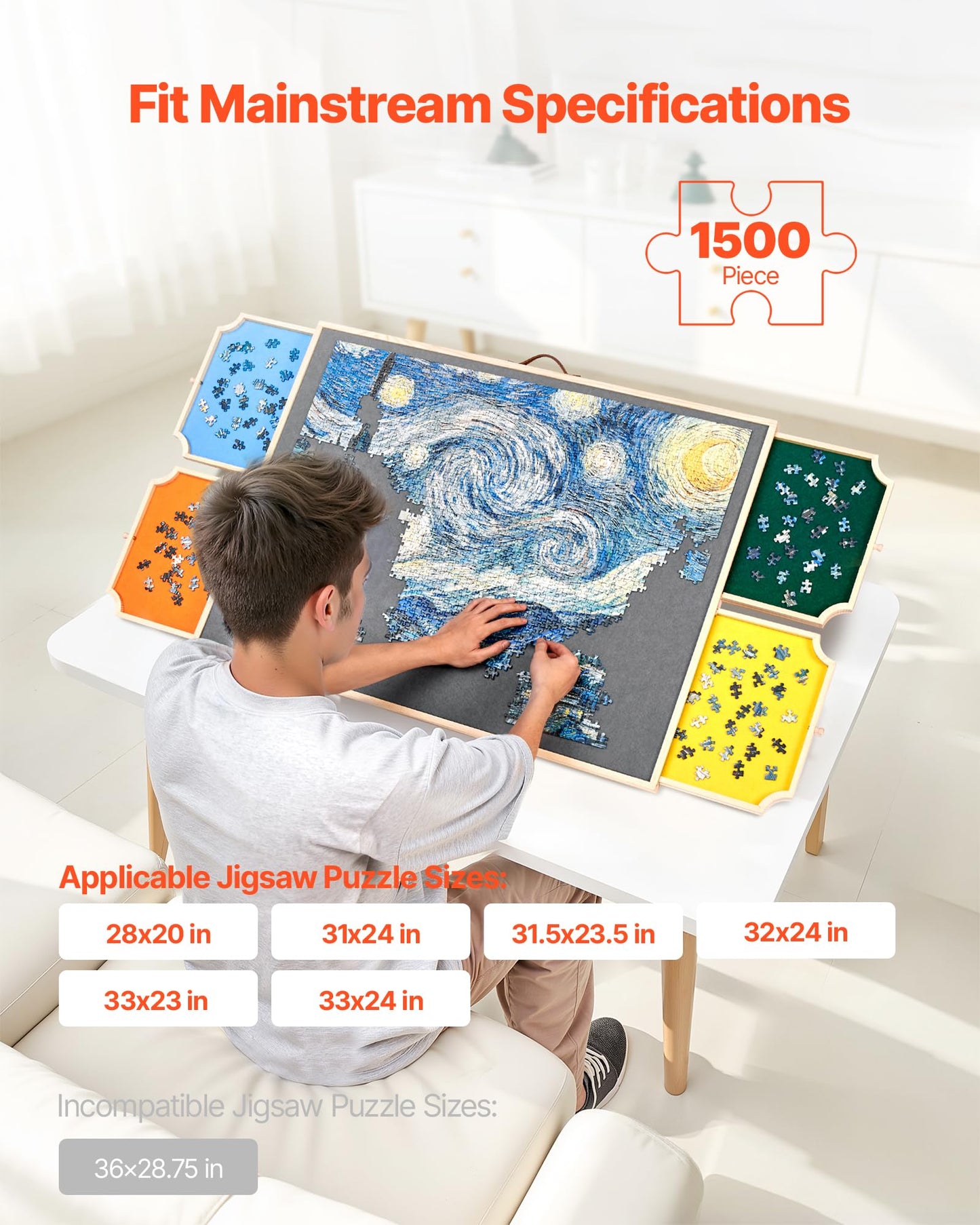 VEVOR 1500 Piece Rotating Puzzle Board with 4 Colorful Felt Drawers and Cover, 34x25 in Portable Wooden Table, Adjustable 2-Tilt