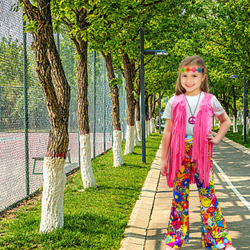Xonyicos 8 Pcs Girls Kids 60S 70S Hippie Costume Disco Outfits Fringe Vest Boho Bell Bottoms Hippie Outfits Accessories Set (Pea