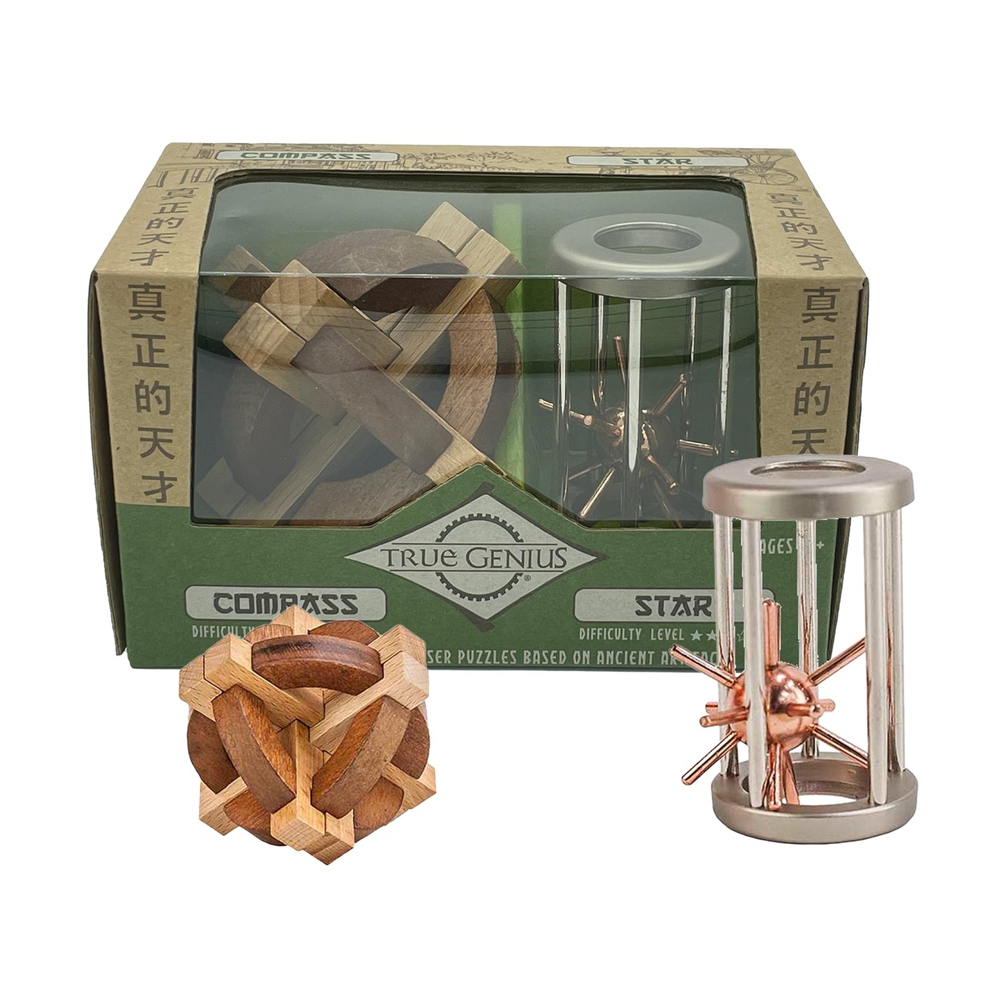 Project Genius Compass and Star Combo  True Genius - Disentanglement Puzzles  Brain teasers  mature-themed Puzzle  Wooden (TG018)