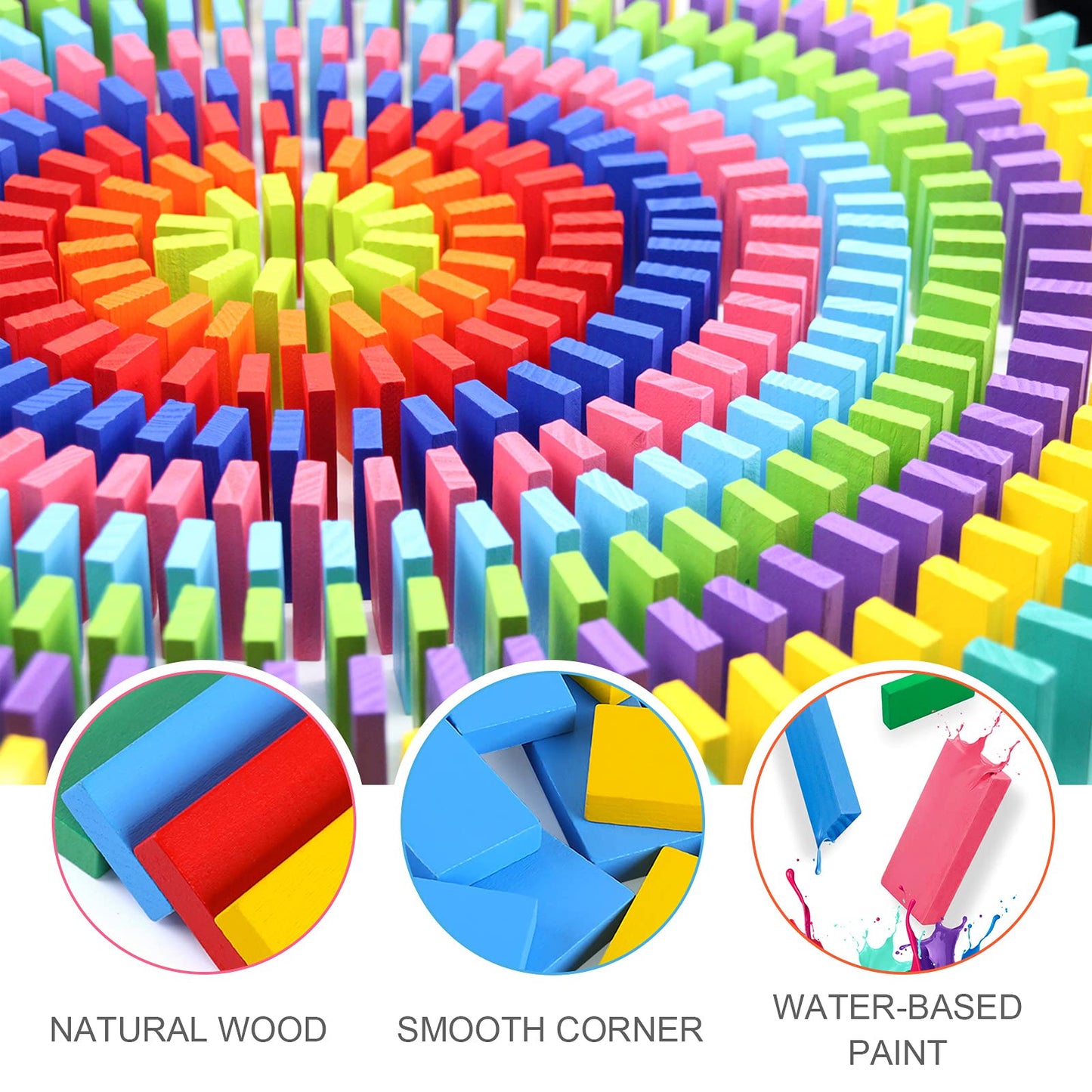 WOOD CITY 1000 Piece Wooden Dominoes Set for Kids - Colorful Stacking Blocks with Storage Bag - Educational Toy