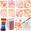 Funrous 24 Pcs Hippie Boho Coloring Books with 24 Stacking Crayons Set Stay Groovy Mini Coloring Book Peace Sign Vibe Bus Daisy 