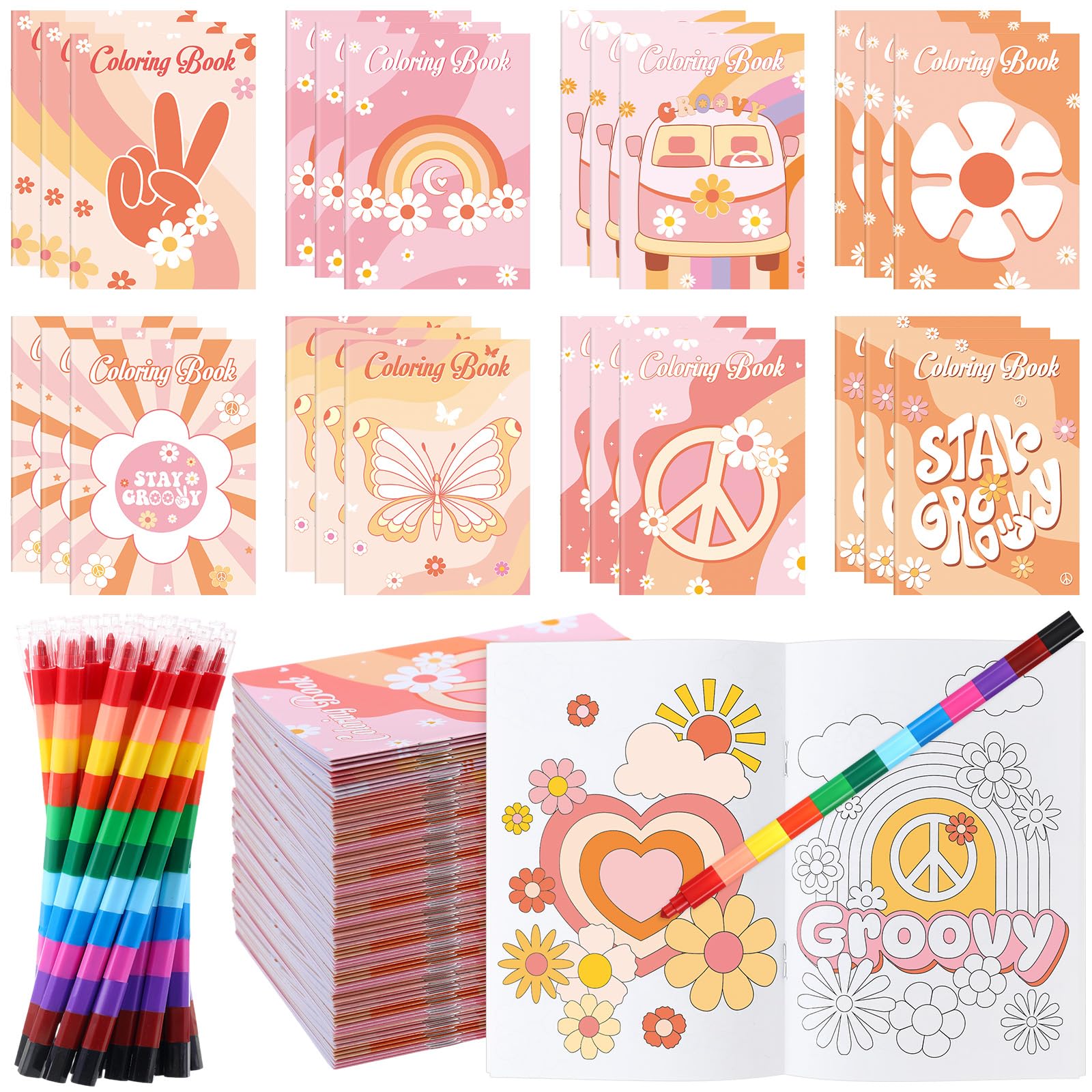 Funrous 24 Pcs Hippie Boho Coloring Books with 24 Stacking Crayons Set Stay Groovy Mini Coloring Book Peace Sign Vibe Bus Daisy 