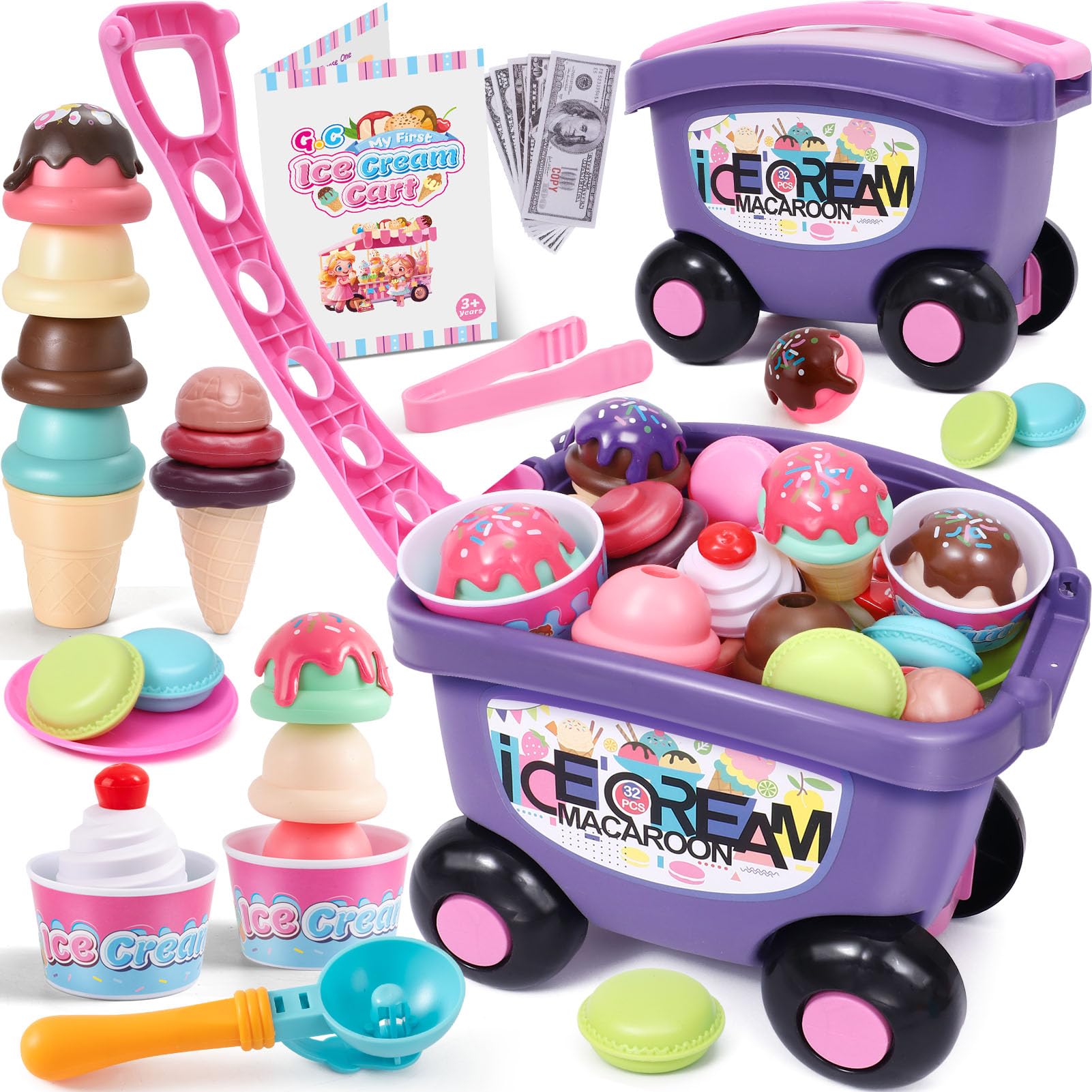 G.C Ice Cream Toys for Kids Toddlers 3-5, 42pcs Ice Cream Cart with Storage Trolley Pretend Play Food, Stack Scoop Serve Sweet T