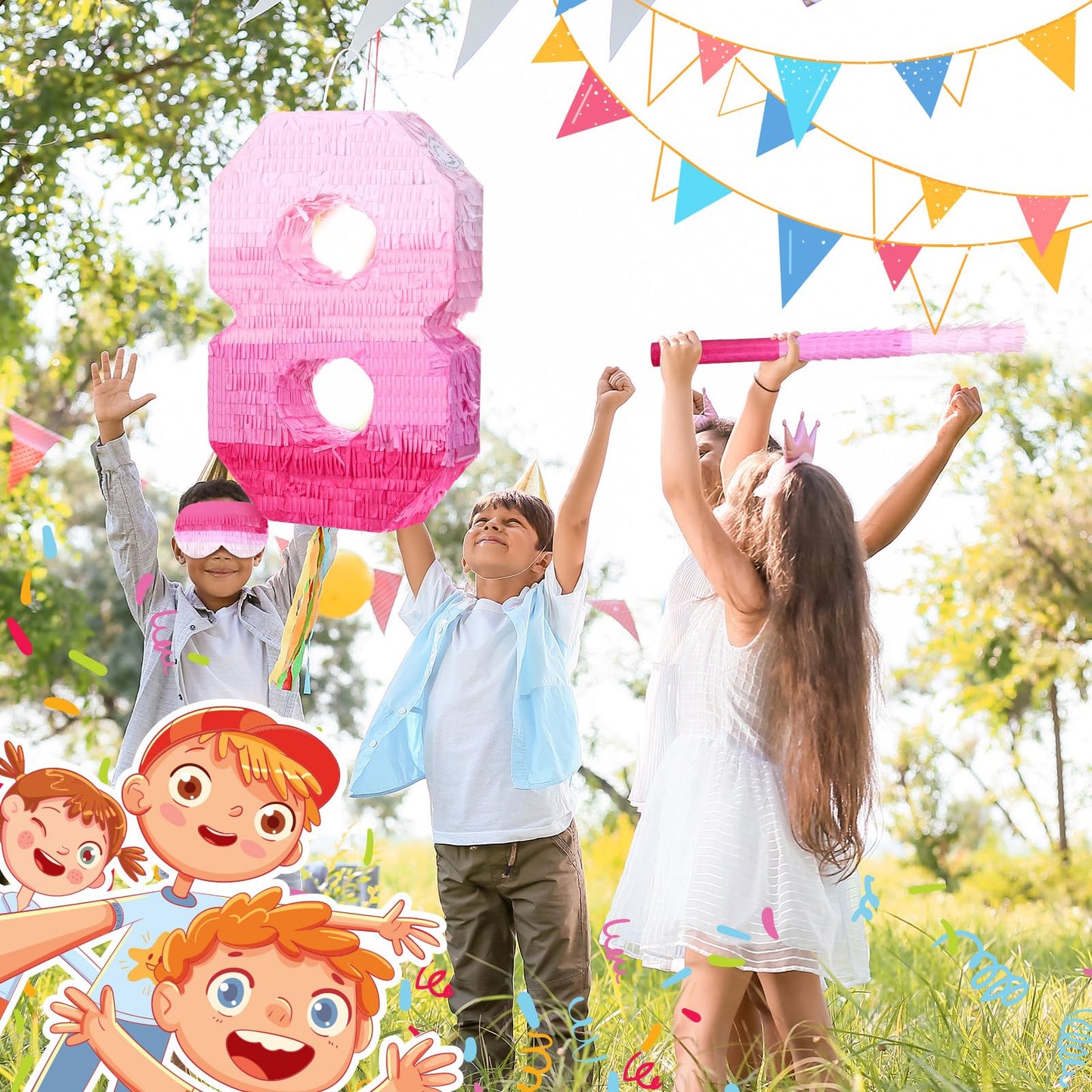 Number 1 Pinata First Birthday Pinata Decorations Gradient Pink Pinata With Stick Blindfold Confetti For Girls Boys Birthday (Number 8)