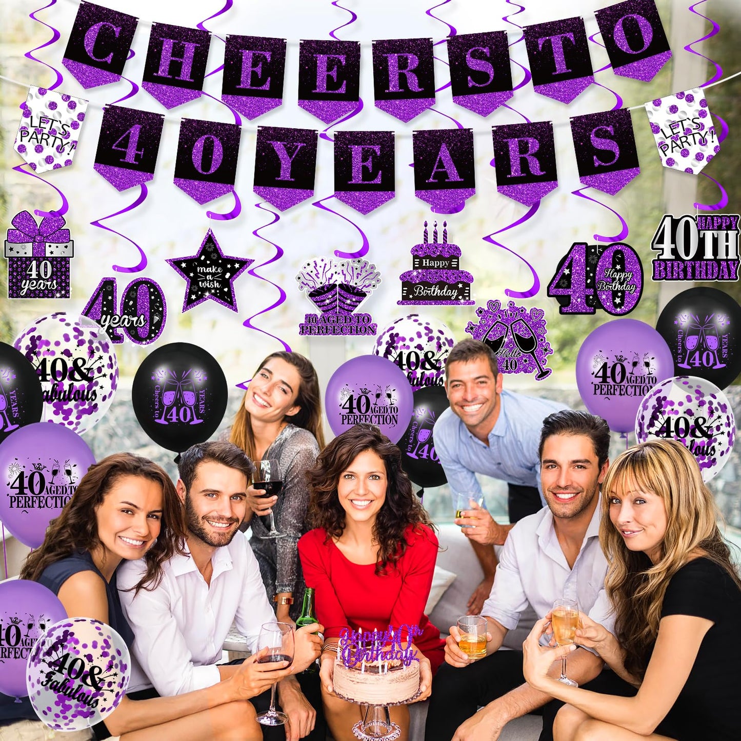 Purple 40Th Birthday Decorations For Women Men Purple Black 40Th Birthday Banner Hanging Swirls 40Th Birthday Balloons Happy 40Th Birthday Cake Topper For Purple Cheer To 40 Years Party Supplies
