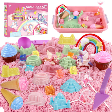Unicorn Sensory Bin, Unicorn Toys & 2.2Lbs Colorful Play Sand, Ice Cream Molds, Castle Molds, Tools, Sand Box With Lid, Christma