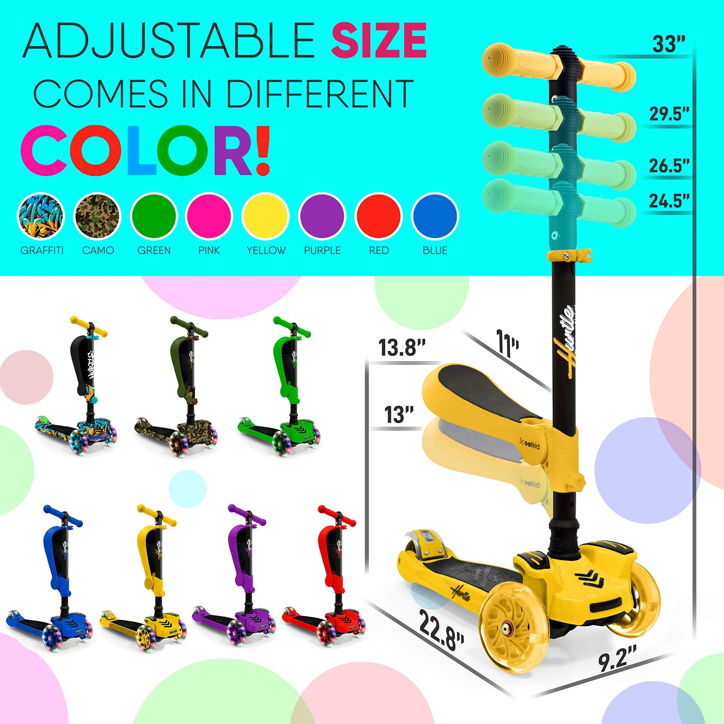 Hurtle Kids Scooter - Child Toddler Kick Scooter Toy With Foldable Seat - 3 Wheel Scooter With Adjustable Height, Anti-Slip Deck