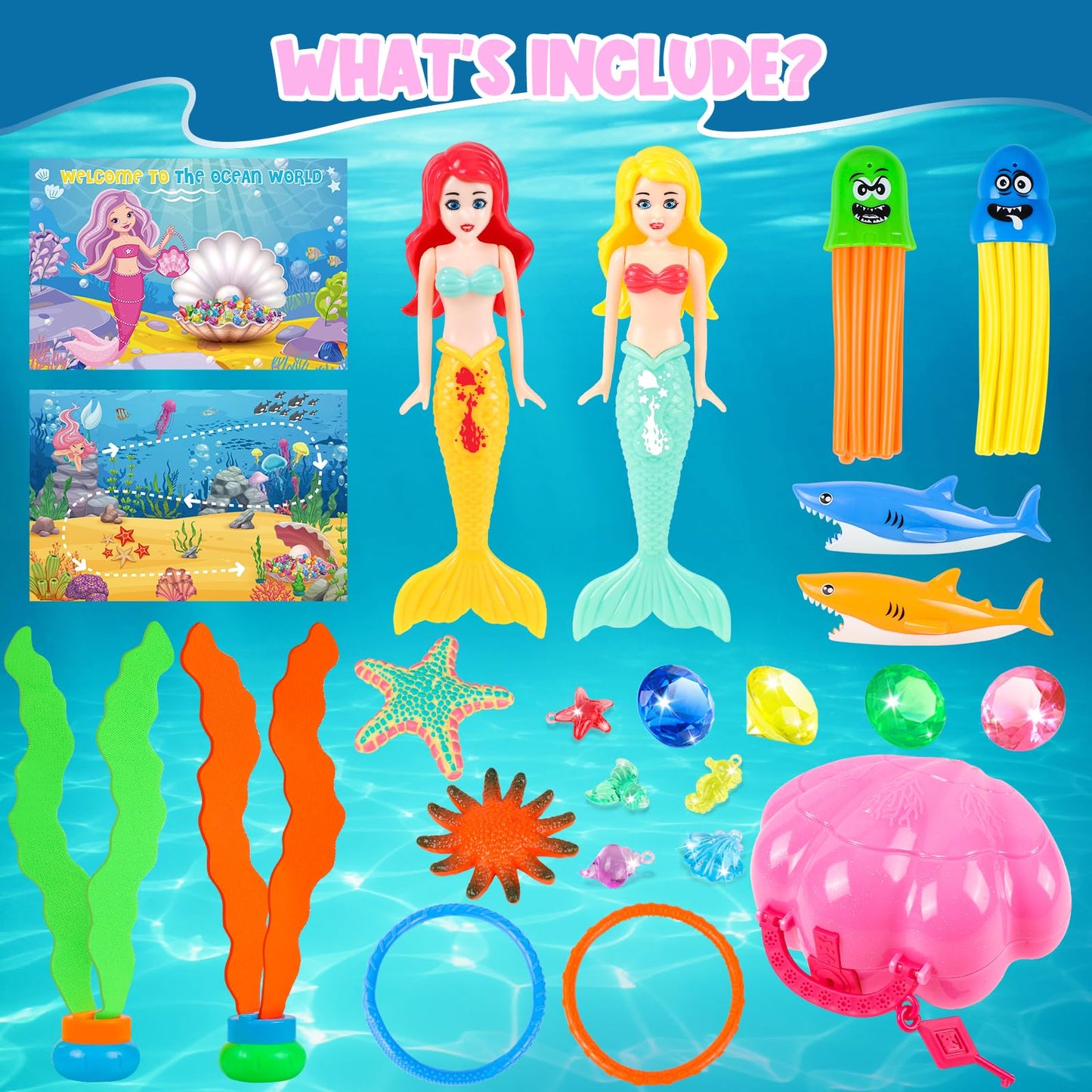 Huuidy Pool Toys, Swim Diving Toys For Kids Set With Upgraded Shell Treasure Chest, Pool Mermaid With Storage Bag Pool Game Summ