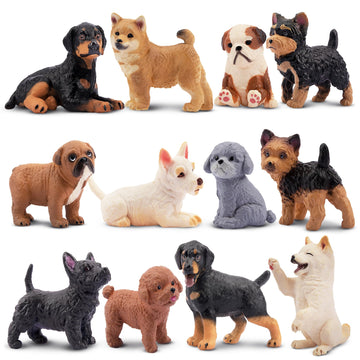 Eyscota 12Pcs Dog Figurines, Realistic Plastic Puppy Figurines, Hand Painted Emulational Tiny Dogs Animals Toy, Dog Cake Topper