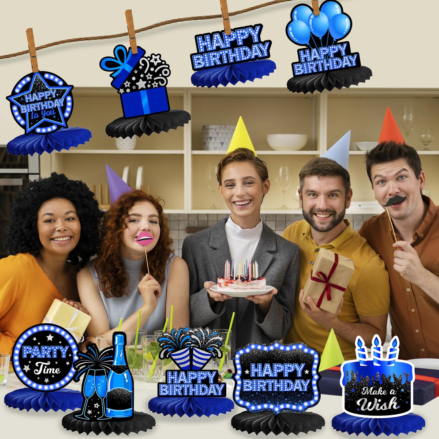 Happy Birthday Honeycomb Centerpieces 9Pcs Stylish Sophisticated Blue Neon Theme Table Decor for Men Women Boys Girls Birthday P