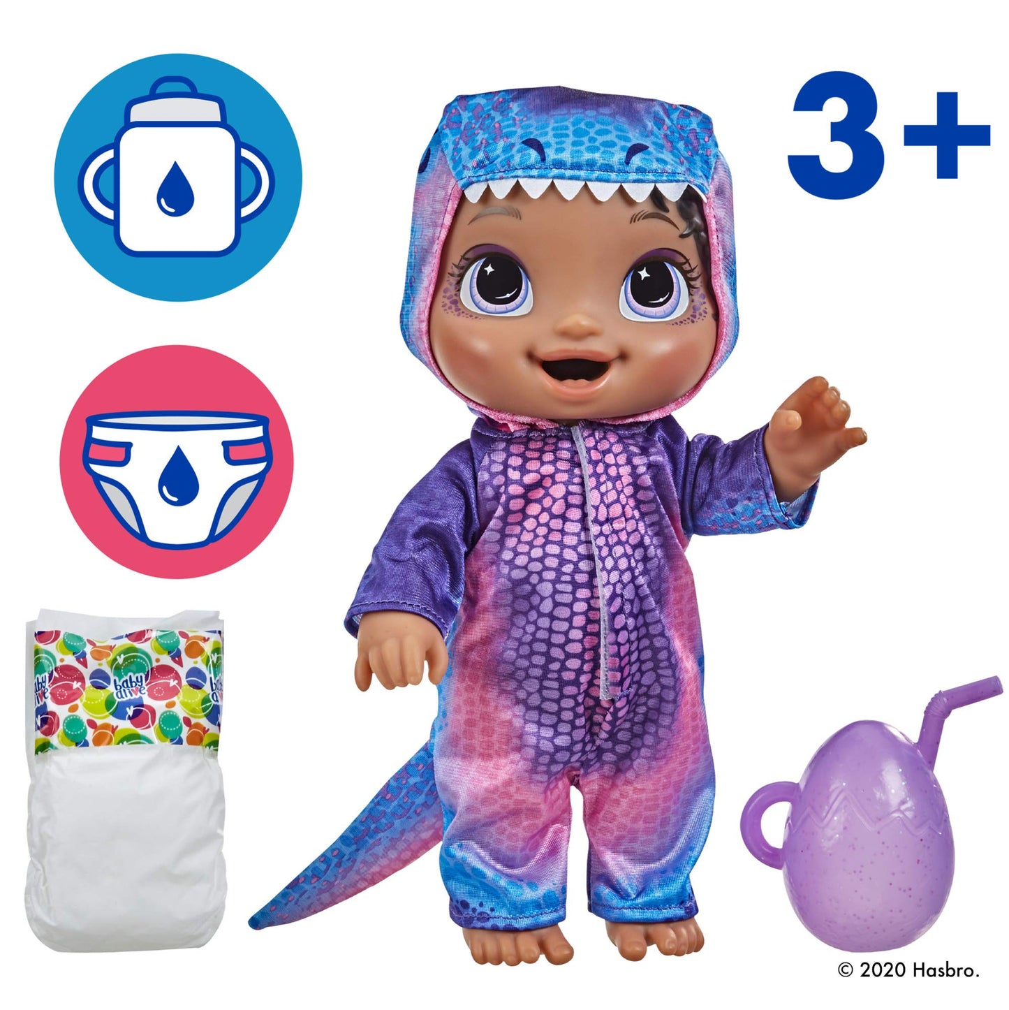 Baby Alive Dino Cuties Doll, Tyrannosaurus, Doll Accessories, Drinks, Wets, T-Rex Dinosaur Toy For Kids Ages 3 Years And Up, Black Hair