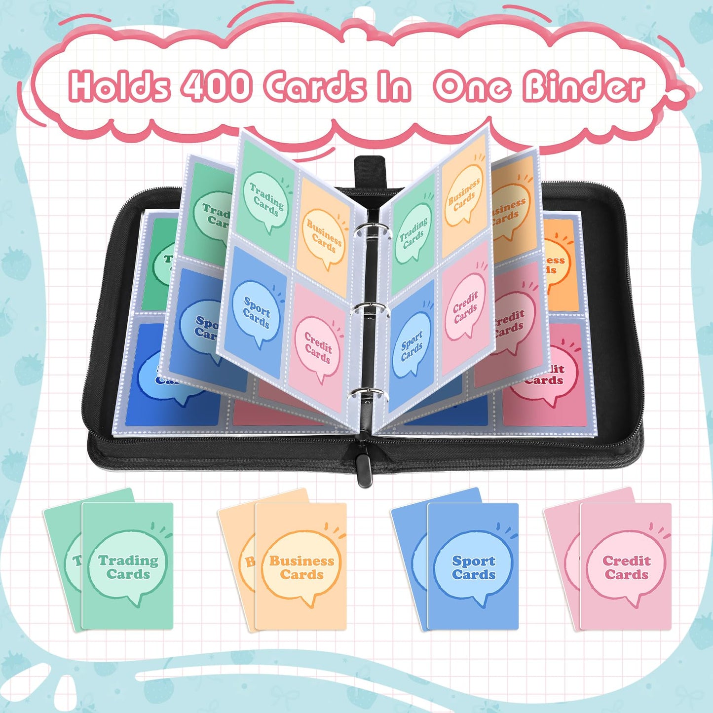 enhanced 4 Pocket Trading Card Binder Holder 400 Cards with 50 Removable Sleeves | PU Leather Zipper Album Book for Sports Cards  Game | Card Storage & Organization for Girls Collector Strawberry Pink
