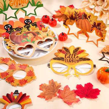 Hiboom 24 Pcs Thanksgiving Paper Glasses Fall Party Decoration Turkey Maple Leaf Eyeglasses Autumn Costume Photo Booth Props for