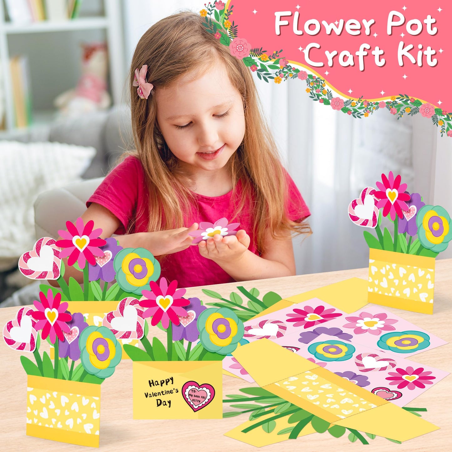 CY2SIDE Valentines Flower Pot Cutout - 28PCS DIY Valentines Day Craft Kit for Kids Make Your Own 3D Handmade Greeting Card Stan