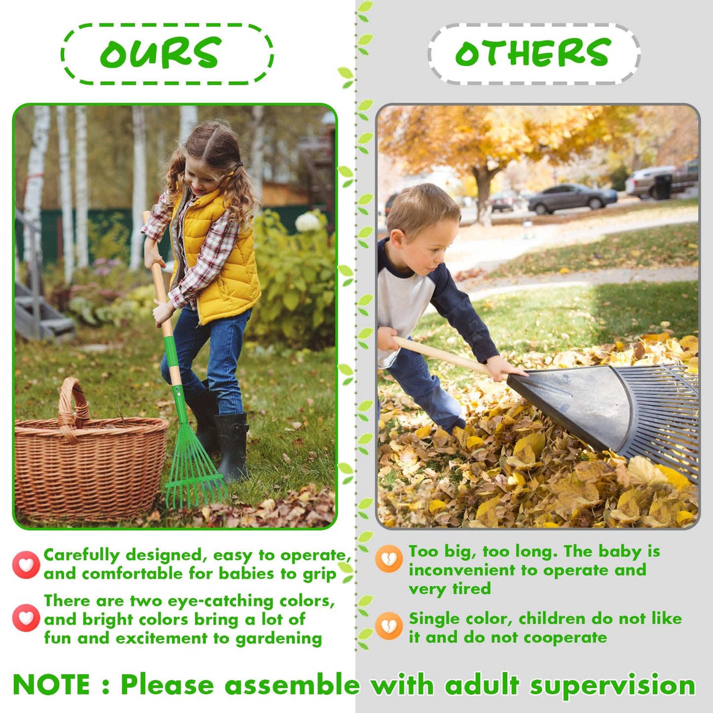 2Pcs Kids Rake Garden Tool Set Toy,Child Size Lawn Small Rakes and Garden for Leaves,Wooden Gardening Toy Rakes with Detachable