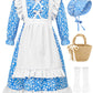 SOMSOC 5 Pack Colonial Girl Dress Costume Set Pioneer Floral Dress with Apron Bonnet Socks Flower Basket for Historical Play