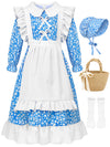 SOMSOC 5 Pack Colonial Girl Dress Costume Set Pioneer Floral Dress with Apron Bonnet Socks Flower Basket for Historical Play