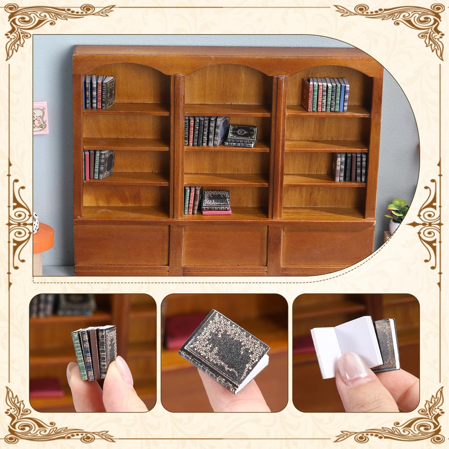 Chivertion 1:12 Scale Dollhouse Miniature Wooden Bookshelf With 48 Pcs Miniatures Books, Mini Bookcase Mini Library Furniture Gi