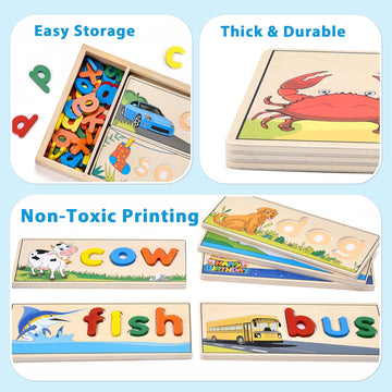 Atoylink Wooden Spell Learning Toys For 2 3 4 5 Year Old Kids Match Letter Spelling Game Board & Letters & Box, Cvc Word Builder