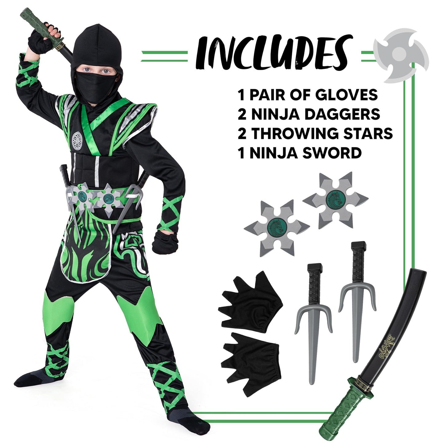 Spooktacular Creations Kids Green Ninja Costume, Child Boy Ninja Costume For Kids Toddler Ninja Themed Parties, Halloween Costume Dress Up (Large(10-12 Yrs))