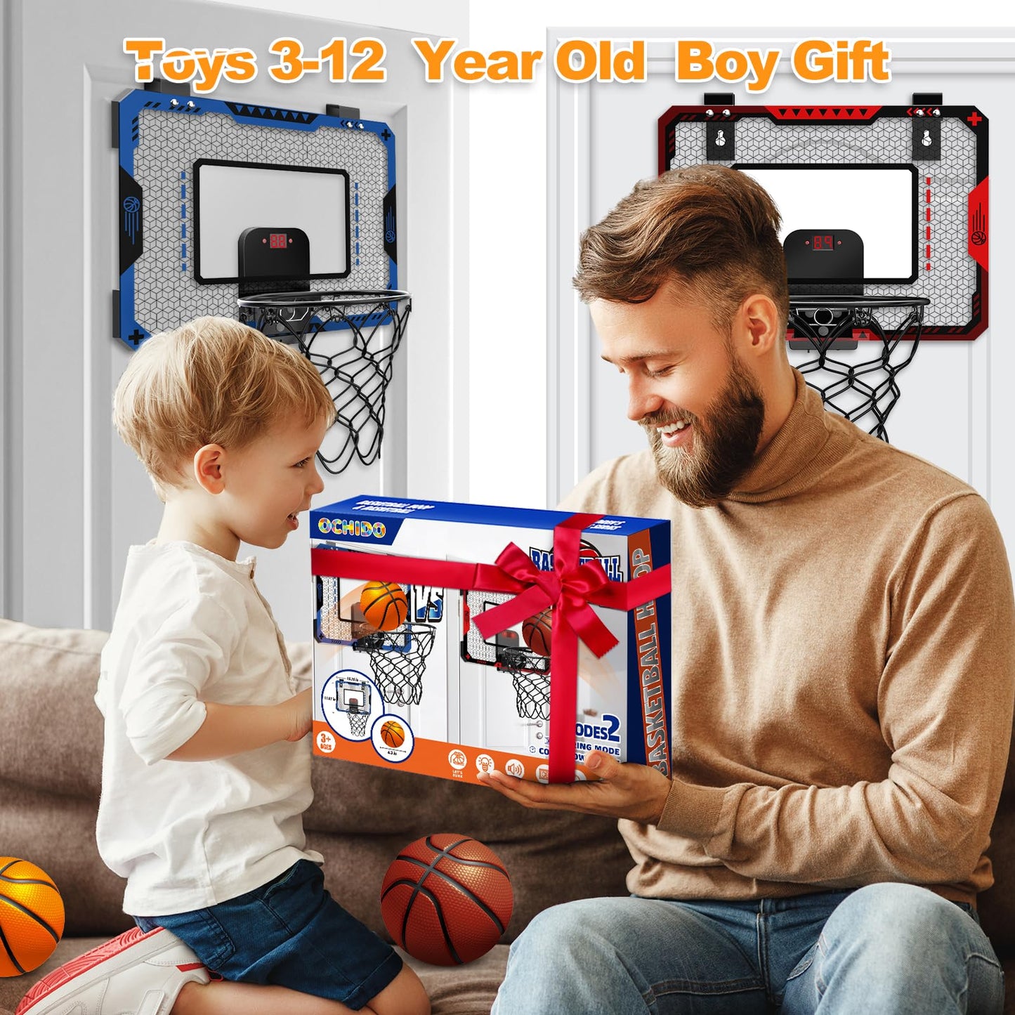 OCHIDO 2 Pcs Basketball Hoop Indoor for Boys 3 4 5 6 7 8 9 10 11 12 Year Old,Over The Door Mini Basketball Hoop Indoor with Scor