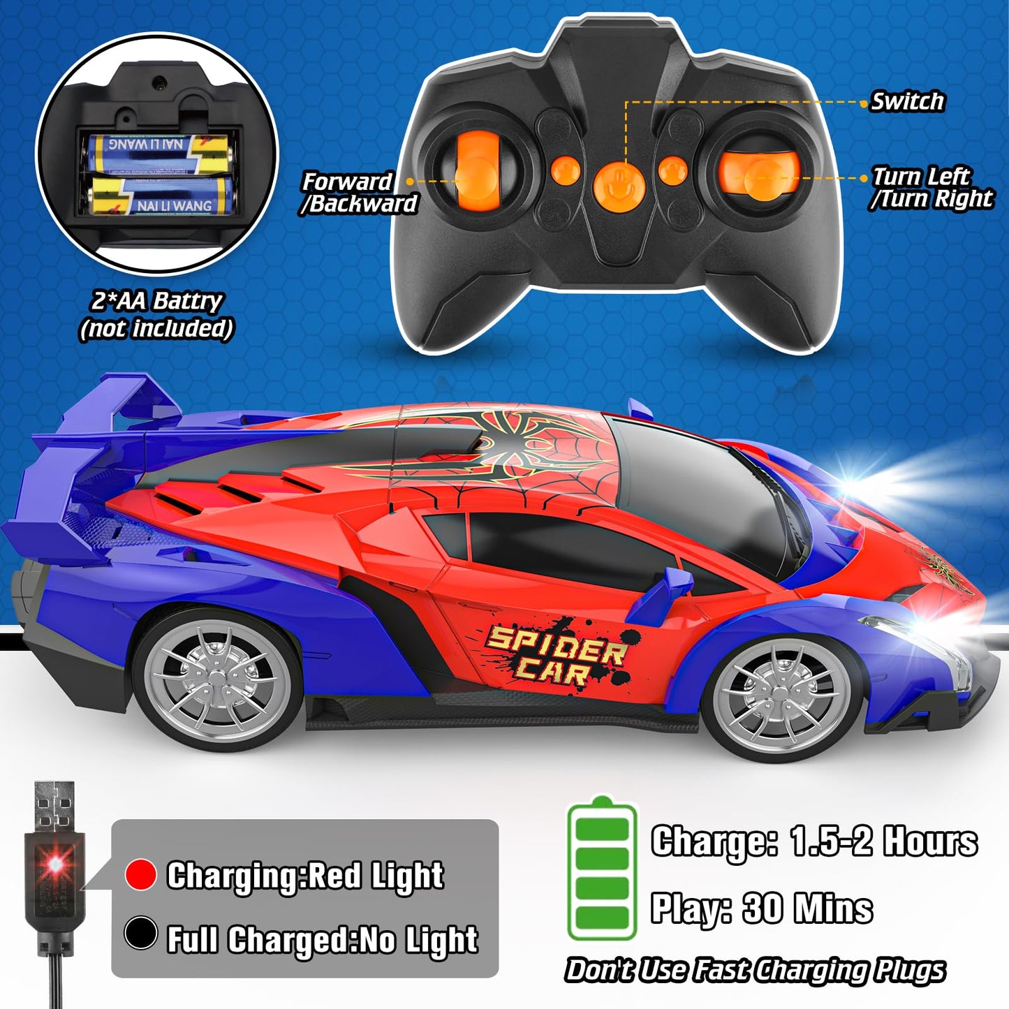 Growsland Remote Control Car, 2.4Ghz Rc Cars for Boys 4-7 8-12, Electric Kids Toys for Kids with Cool LED Lights, Rechargeable H