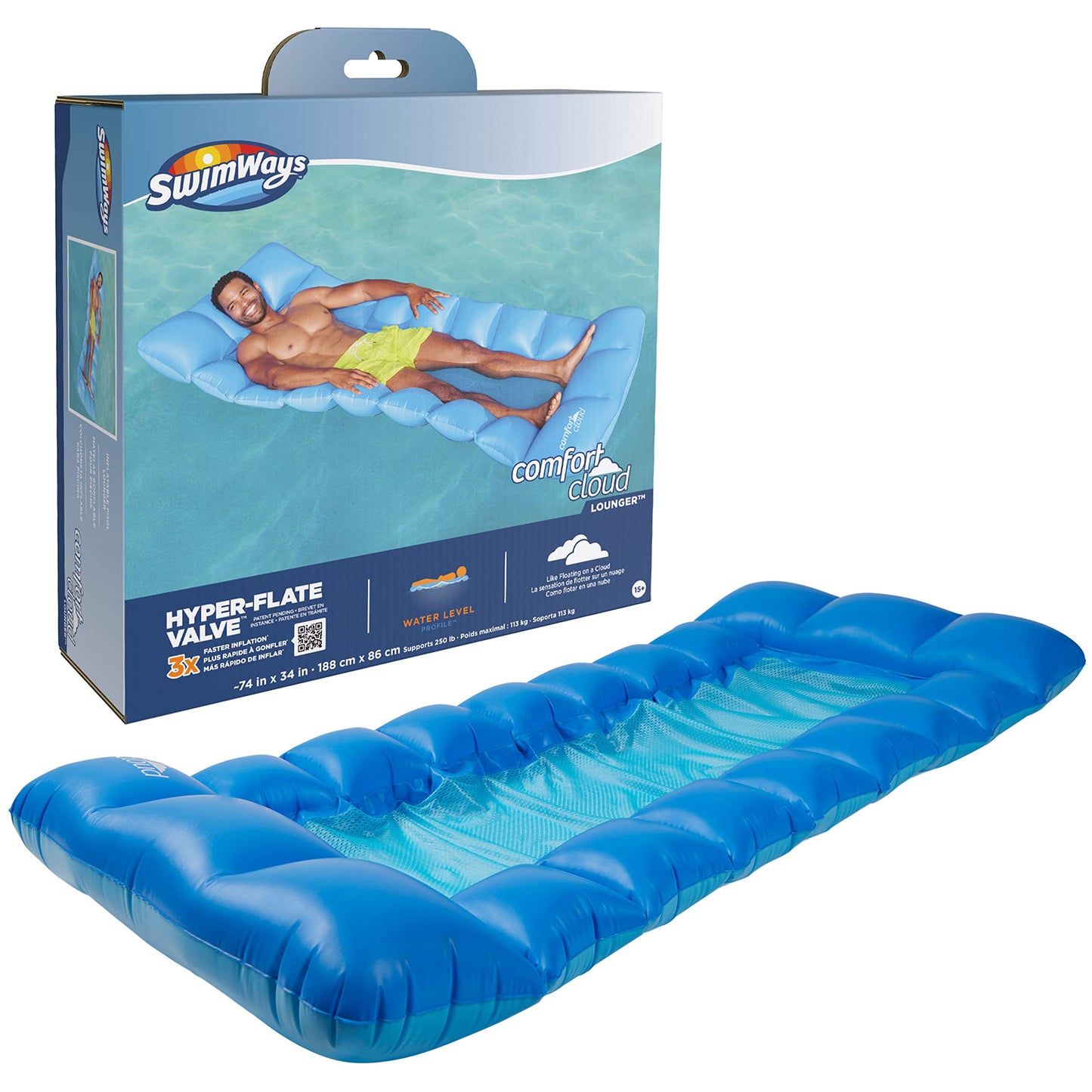 Swimways Comfort Cloud Pool Lounger With Fast Inflation & Headrest Pillow, Oversized Inflatable Pool Floats For Adults, Blue
