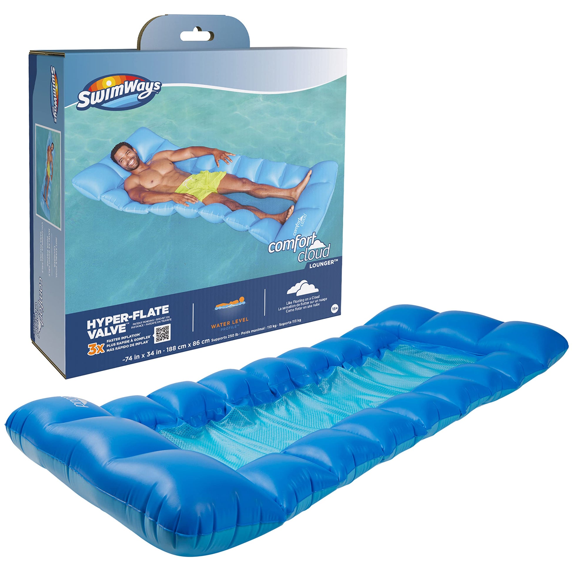 Swimways Comfort Cloud Pool Lounger With Fast Inflation & Headrest Pillow, Oversized Inflatable Pool Floats For Adults, Blue