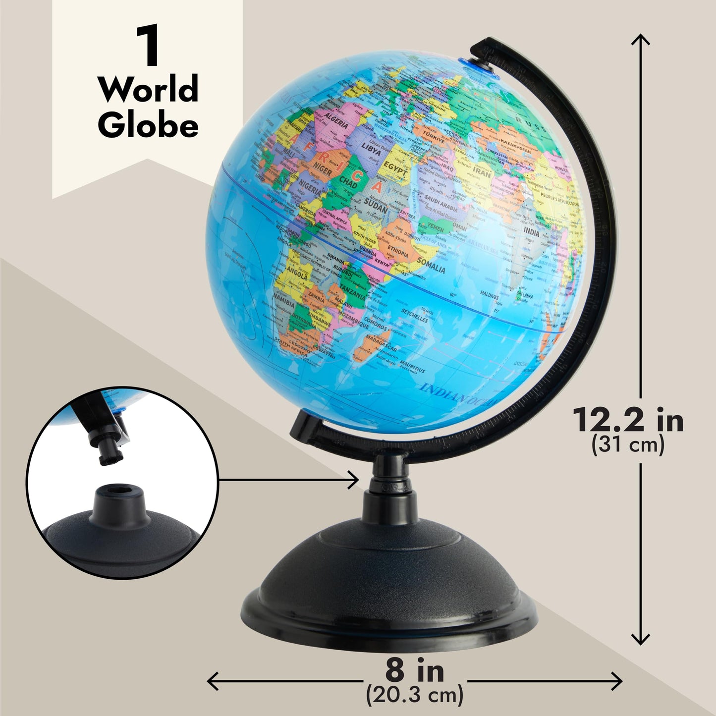Juvale Rotating World Globe With Stand For Kids Learning, 8-Inch Spinning Earth Globe For Classroom Geography Education