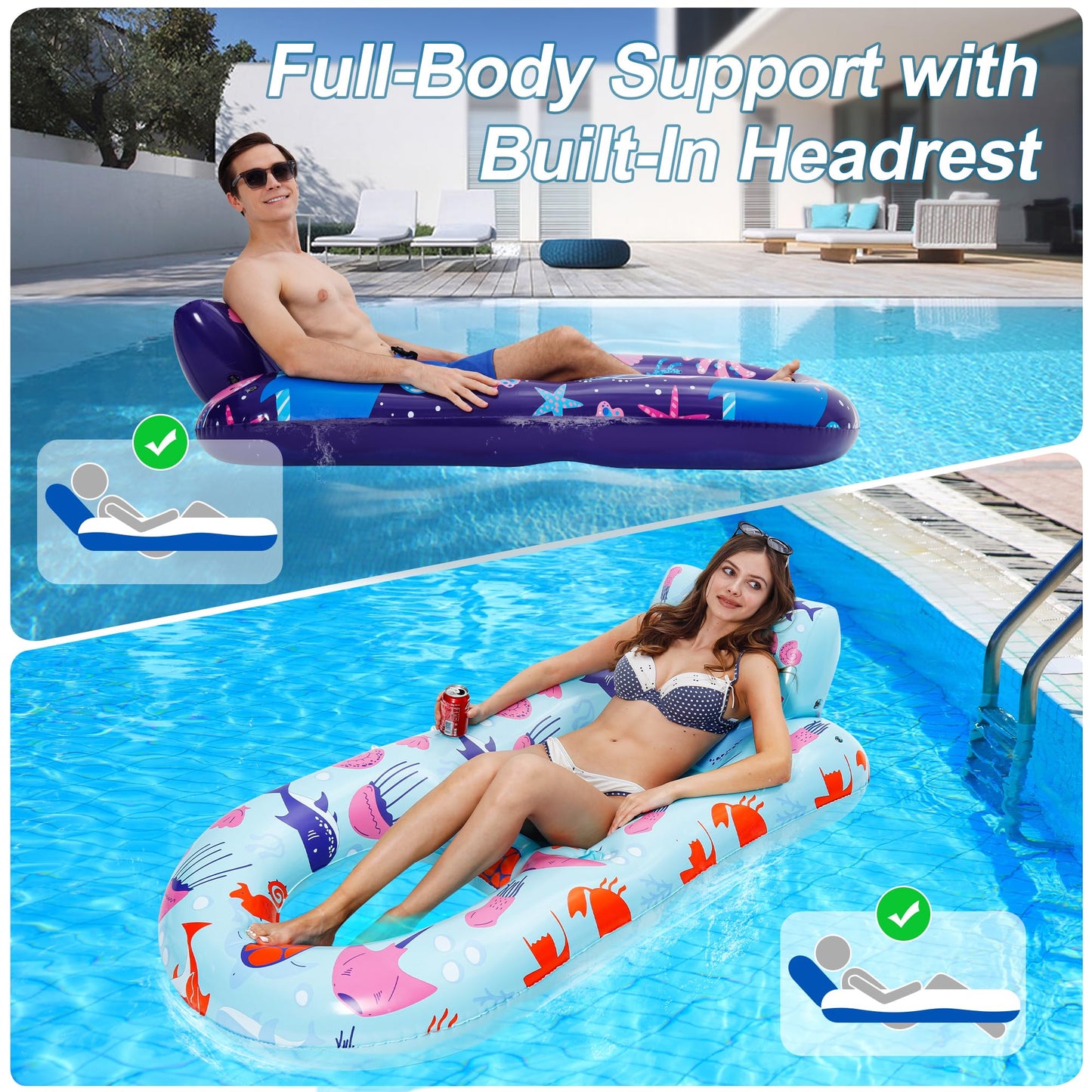 PuppyuWill 4 Pack Pool Floats mature-themed Inflatable Pool Lounger Float Heavy Duty with Cup Holder  Backrest & Footrest Pool Lounge Float Extra Large Pool Rafts for mature-themeds Beach Lake Party