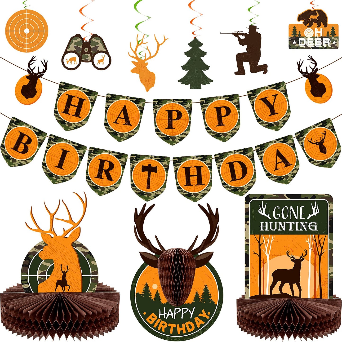 16 Pcs Hunting Birthday Party Decorations Camo Deer Hunting Birthday Decorations Include Banner Deer Table Centerpiece Honeycomb