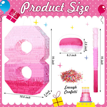 Number 1 Pinata First Birthday Pinata Decorations Gradient Pink Pinata With Stick Blindfold Confetti For Girls Boys Birthday (Number 8)