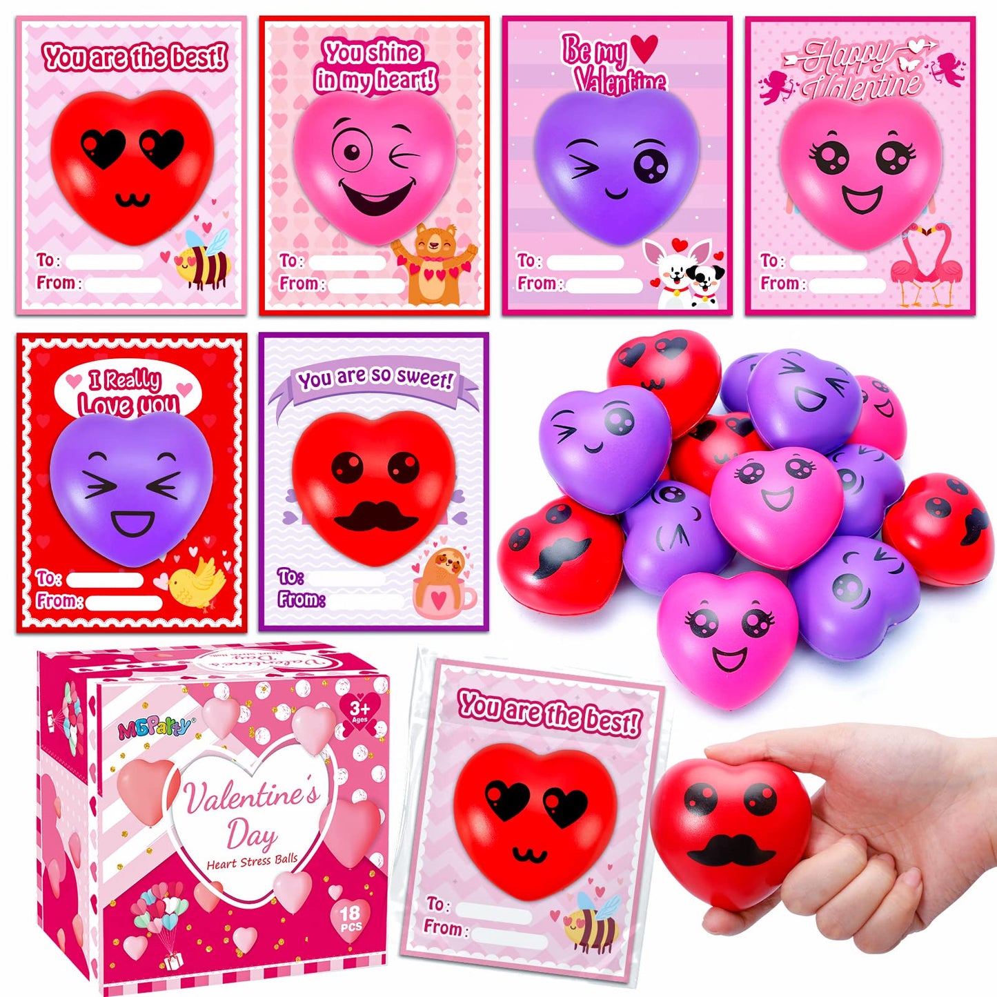 MGparty 18 Pack Valentines Heart Stress Balls with Valentine Cards Heart Squishies Toy for Kids Classroom Exchange Stress Relief