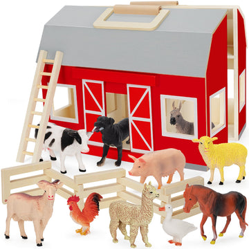 Yeebay Farm Animals Toys For 3+ Year Old Kids Toddlers Girls Boys, Large Wooden Barn With Animal Play Figures, Farm Playset Educ