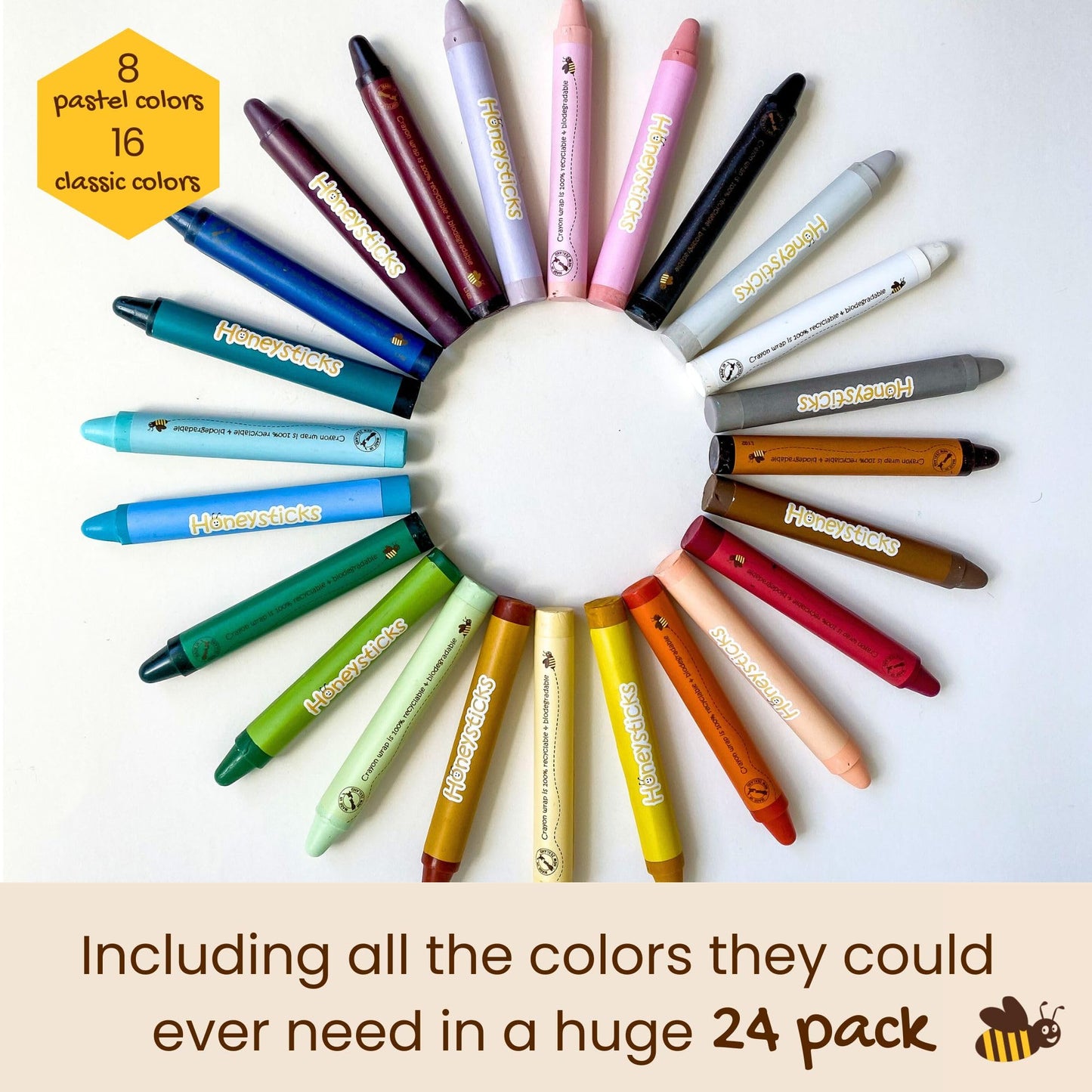 Honeysticks Jumbo Crayons (24 Pack) - 100% Pure Beeswax Crayons - Non Toxic Crayons For Kids - Large Crayons, Easy To Hold And Use, Unbreakable, Eco Friendly, Preschool Art Supplies, For Kids 2-4, 4-8