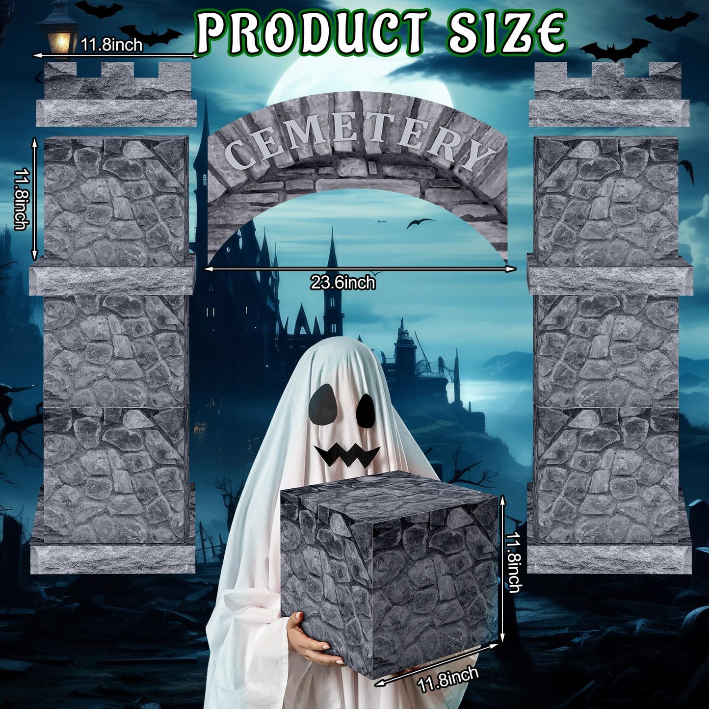 Bucherry 15 Pcs Halloween Cemetery Graveyard Decorations Cardboard Tombstone Castle with Arch 49 Inch Large Halloween Haunted Pl