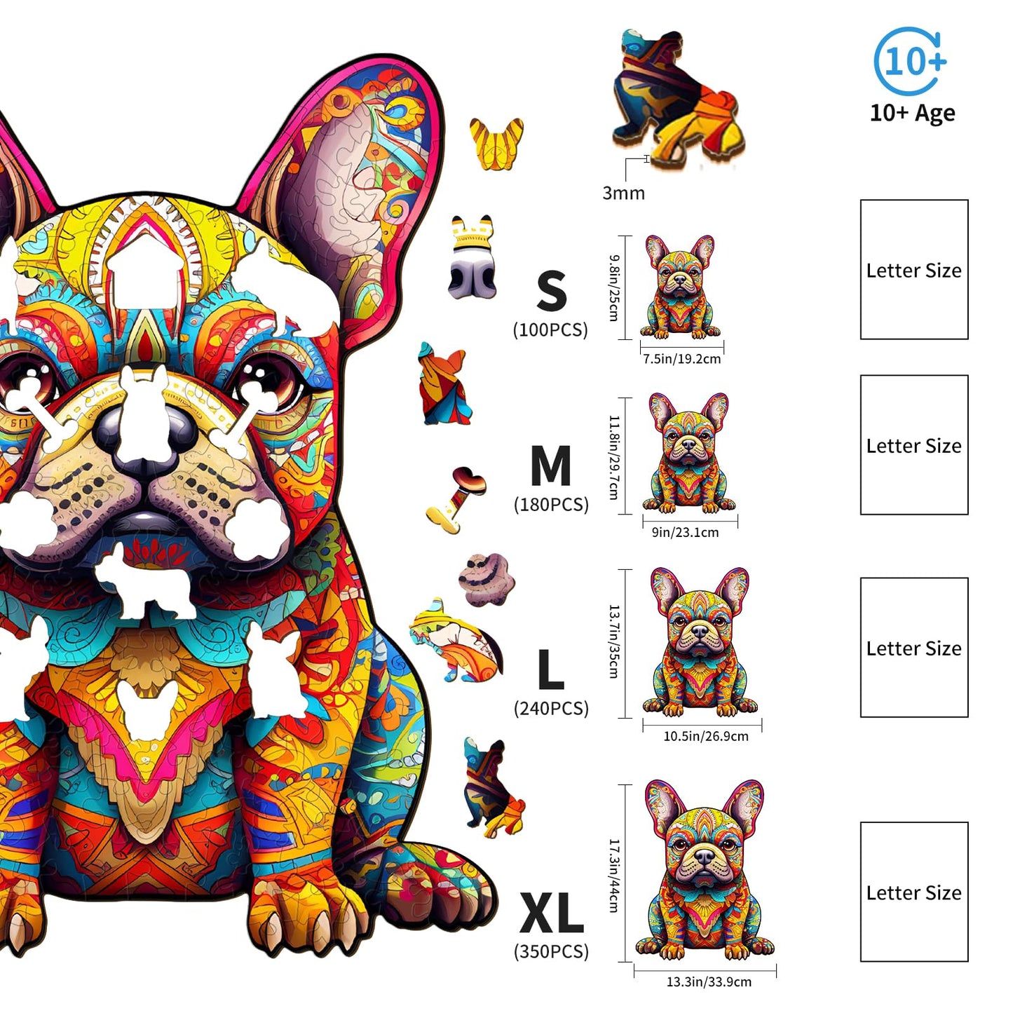 Woodemon Wooden Puzzles For Adults And Kids, French Bulldog (M-180Pcs) Wooden Jigsaw Puzzles, Unique Shaped Animal Wood Puzzles, Wooden Animal Puzzles Christmas Xmas Gifts Family Puzzles Game 11.8*9In