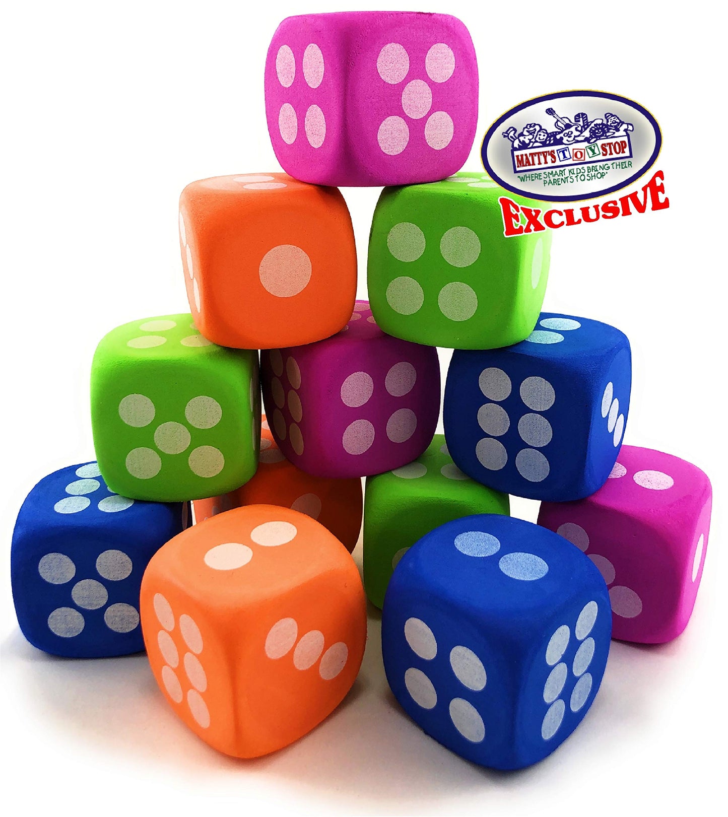Deluxe Large 2.25 EVA Foam Dice (Pack of 12) with Bonus Mattys Toy Stop Storage Bag