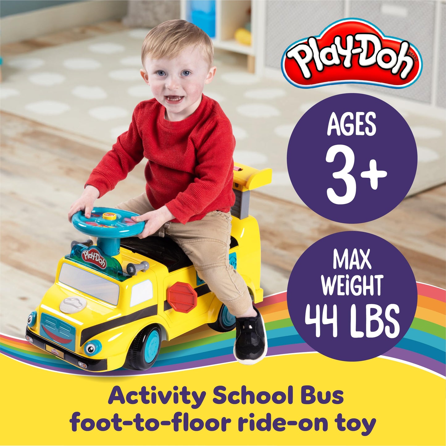 WADDLE Play-Doh Activity School Bus Toy Car for Kids - Push & Ride On, Lights & Sounds, Large, Plastic, Model FB225485PD