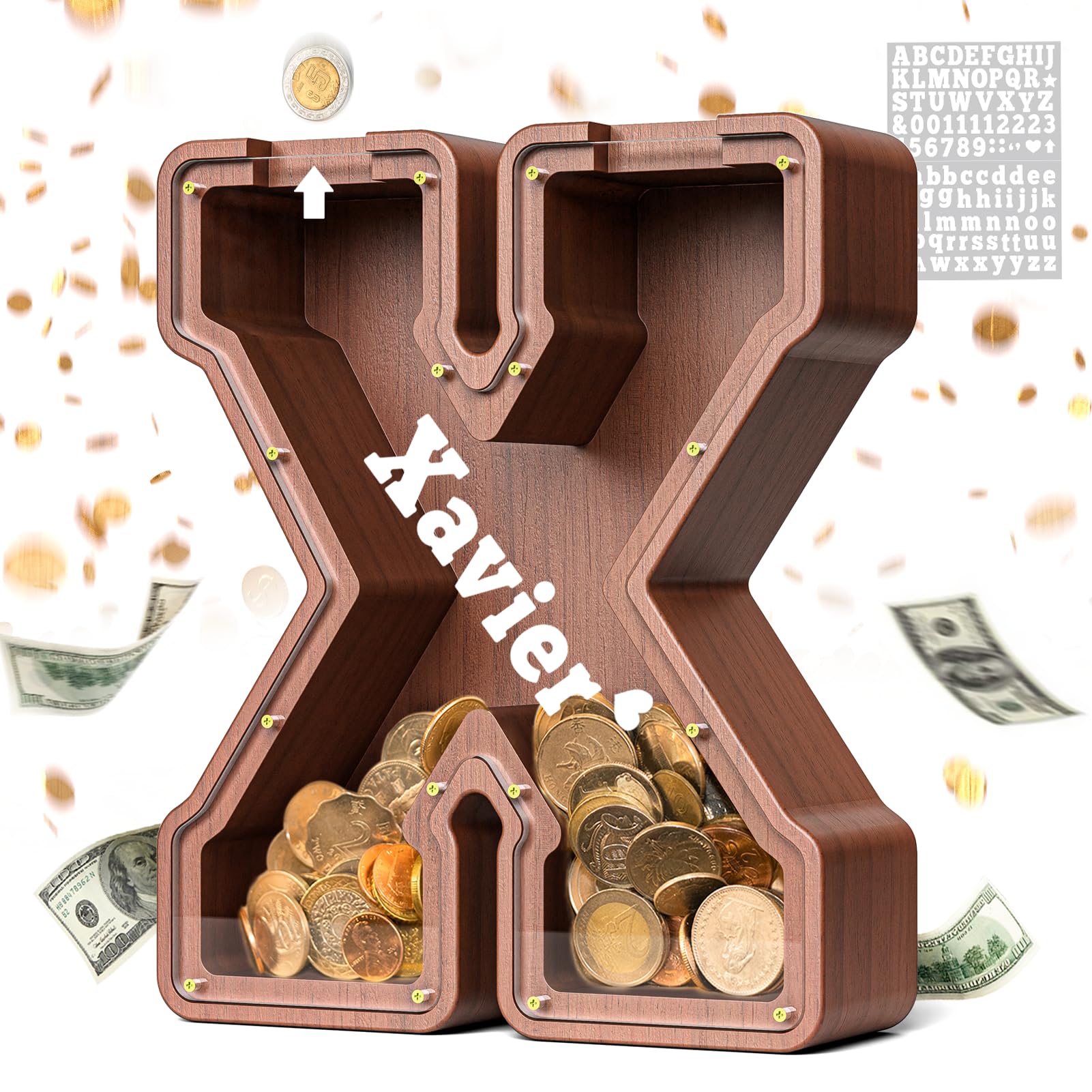 Summidate Wooden Letter Piggy Bank  Extra Thick Large Capacity Piggy Bank for Kids Boys Girls Toddler  Alphabet X Money Bank| Coin Box Birthday  Christmas  Festival