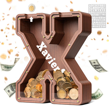 Summidate Wooden Letter Piggy Bank  Extra Thick Large Capacity Piggy Bank for Kids Boys Girls Toddler  Alphabet X Money Bank| Coin Box Birthday  Christmas  Festival