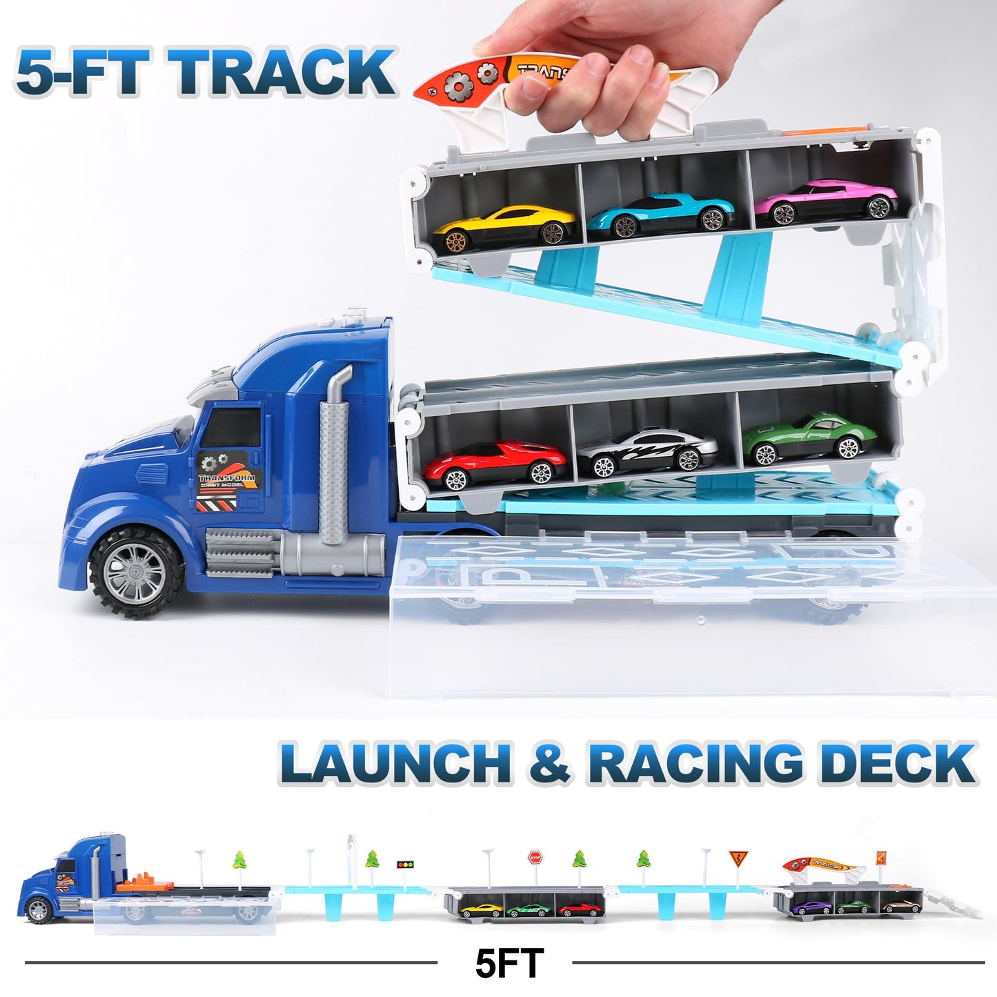 Dwi Dowellin Carrier Truck Toys for Kids,5-FT Hauler Truck with Ejection Race Track and 16 Die-Cast Metal Toy Cars,Car Toy Gift