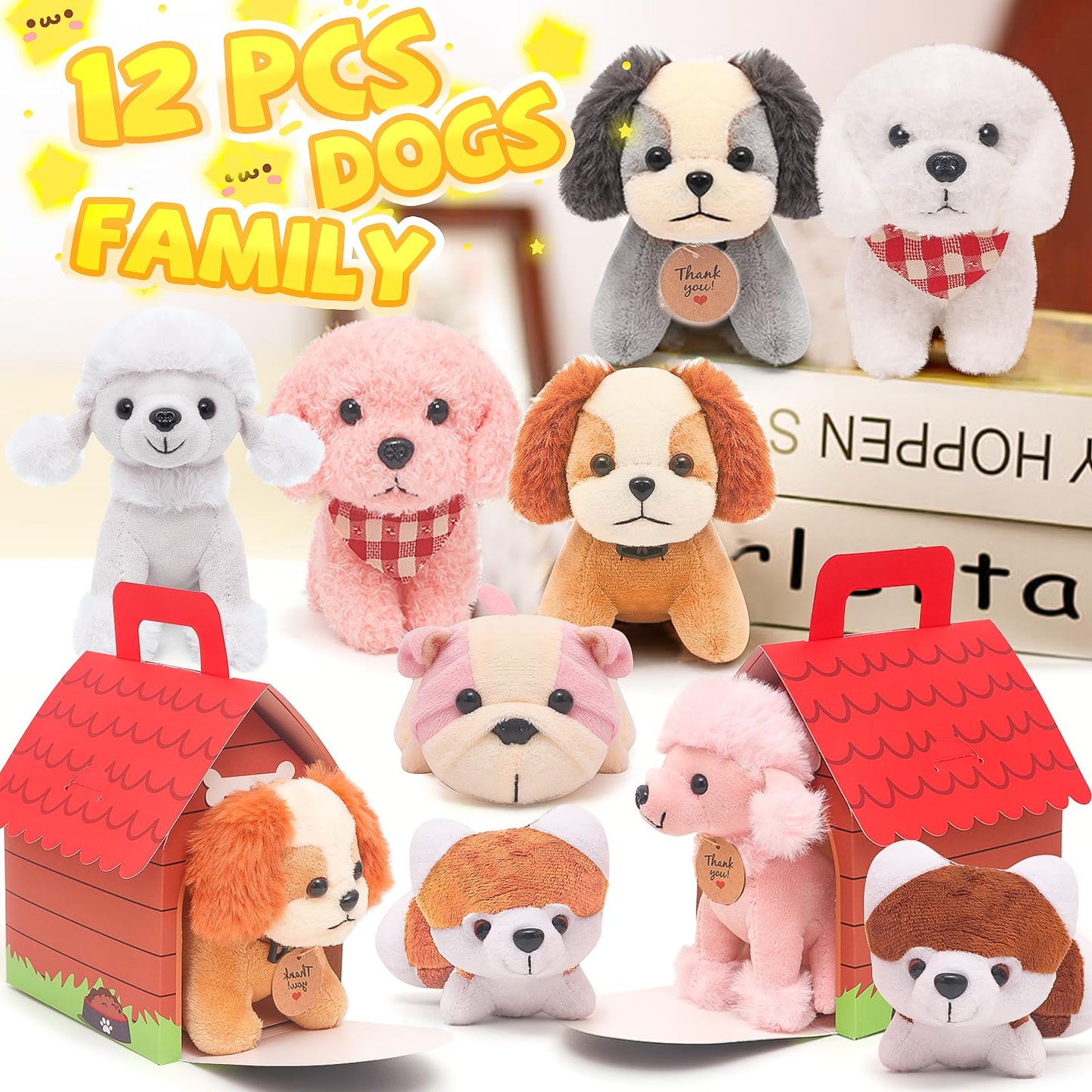 Hapgfs 12 Pcs Mini Plush Puppy Set, Dog Party Favors With Keychain Gift Toys With Carton Dog House, Kids Baby Show Birthday Chri