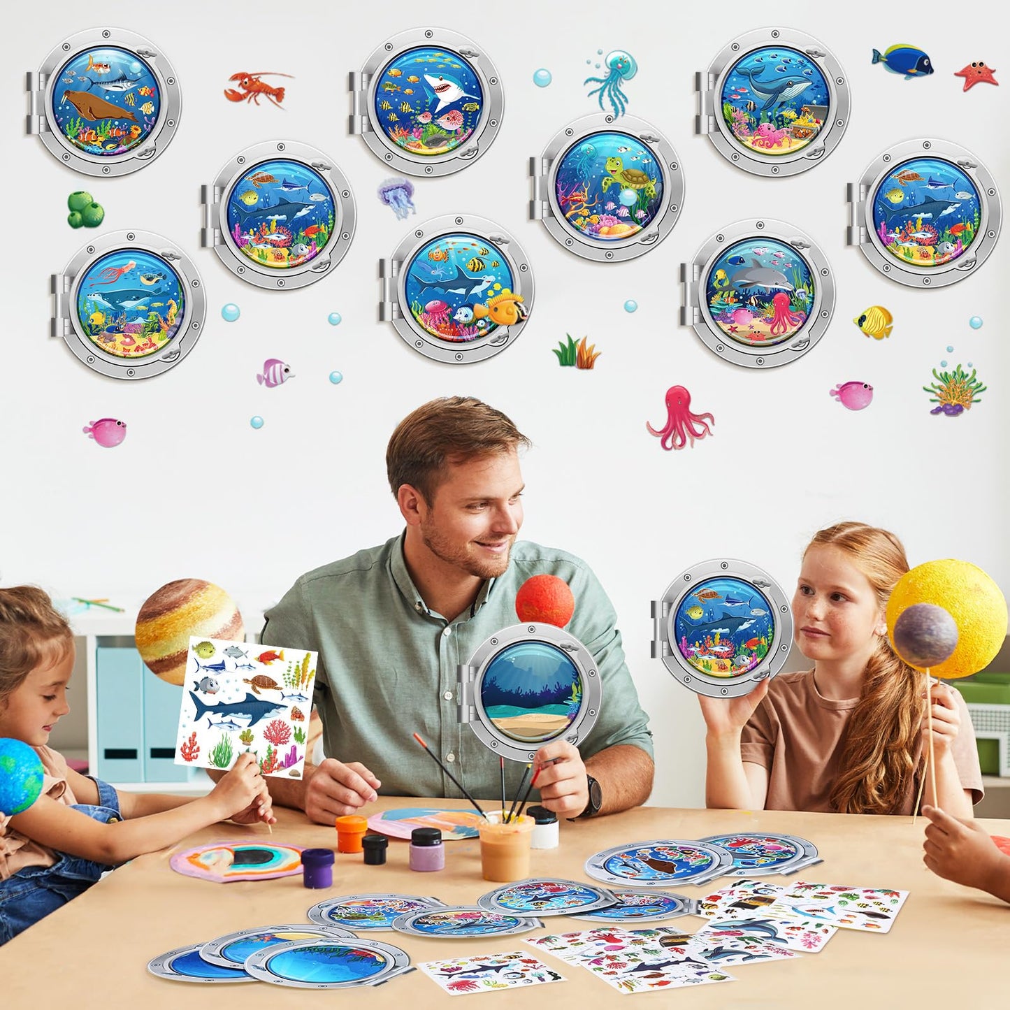 Frienda 48 Set Summer Craft Kit Cruises Under The Sea Sticker Crafts Bulk DIY Ocean Sea Animals Scene Stickers Shark Clown Fish