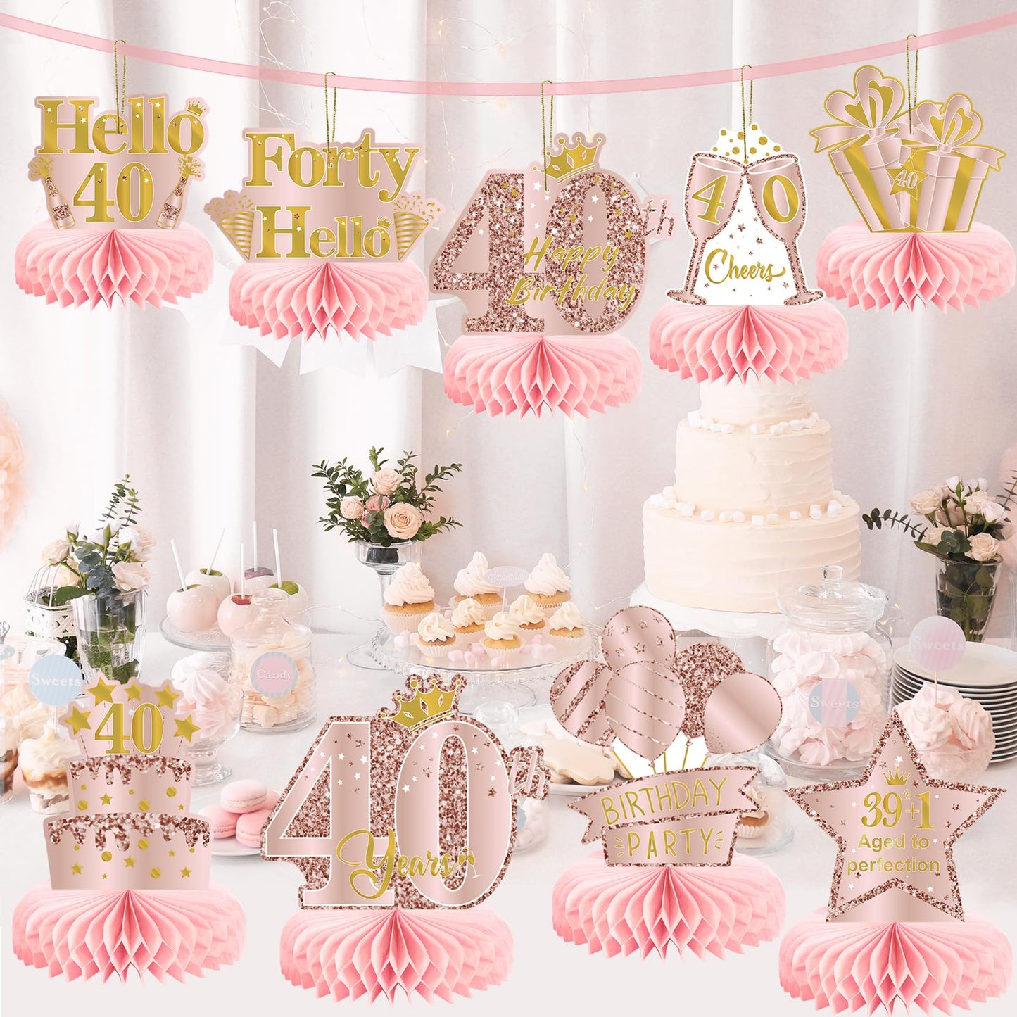 9Pcs 40Th Birthday Decorations Pink Rose Gold Honeycomb Centerpieces For Women,Happy 40Th Birthday Table Centerpieces Party Supp