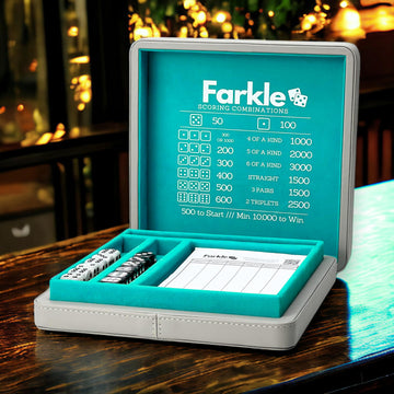 Luck Lab Farkle Dice Tray And Storage Case - Includes Embedded Scoring Combinations, 2 Sets Of 6 Pearl Dice, 40 Sheet Score Pad And Pen Holder For The Classic Family Game (Grey And Turquoise)